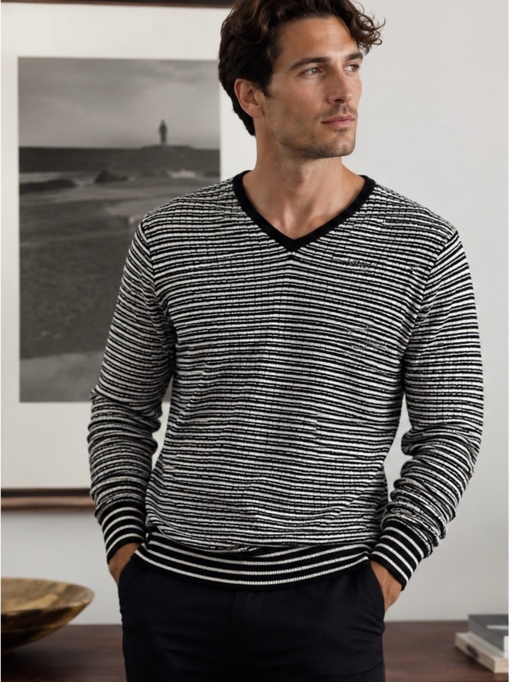 Armani Collezioni Black and White Striped V-Neck Sweater